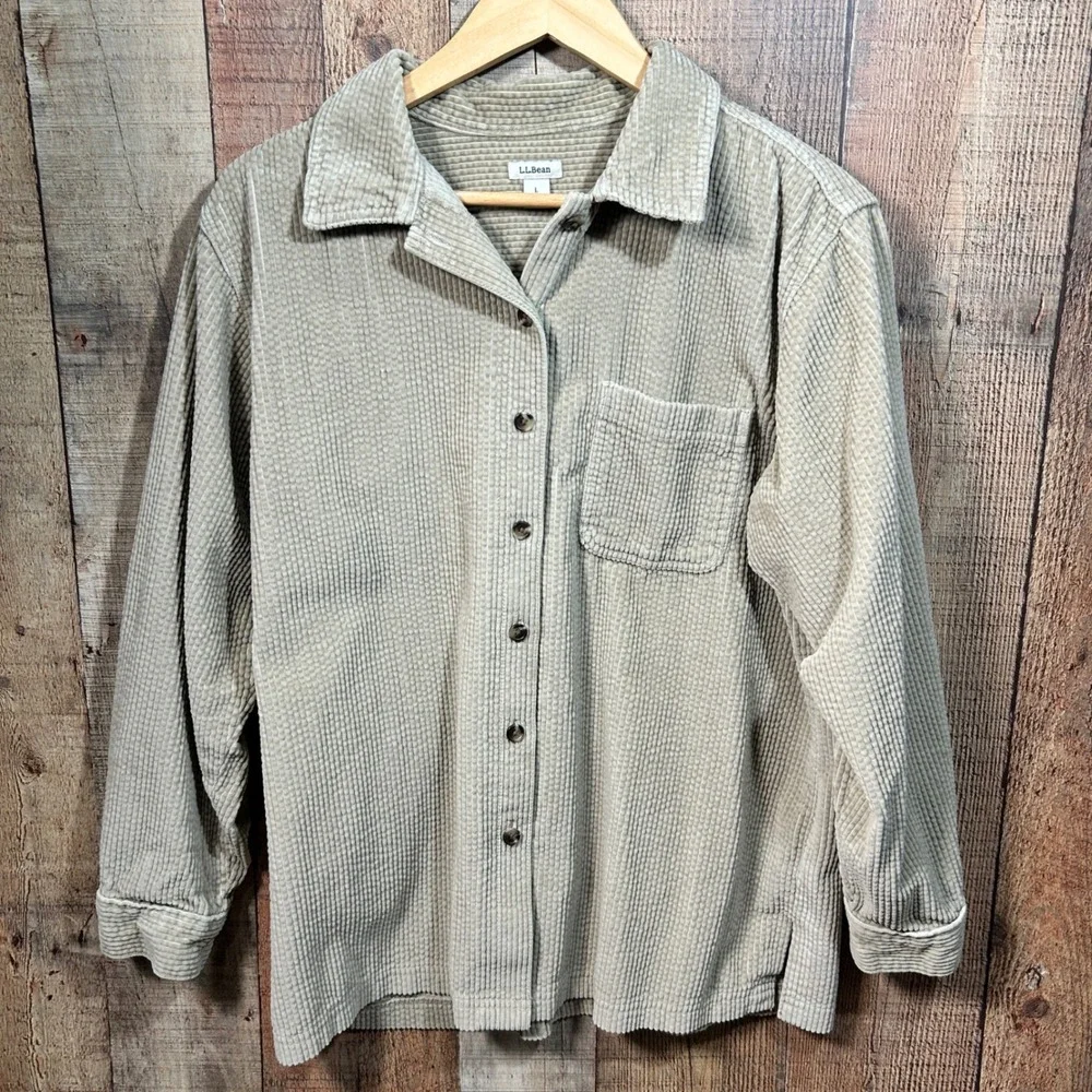 LL Bean Comfort Corduroy Big Shirt Beige Button Down Large Coastal Grandmother L
